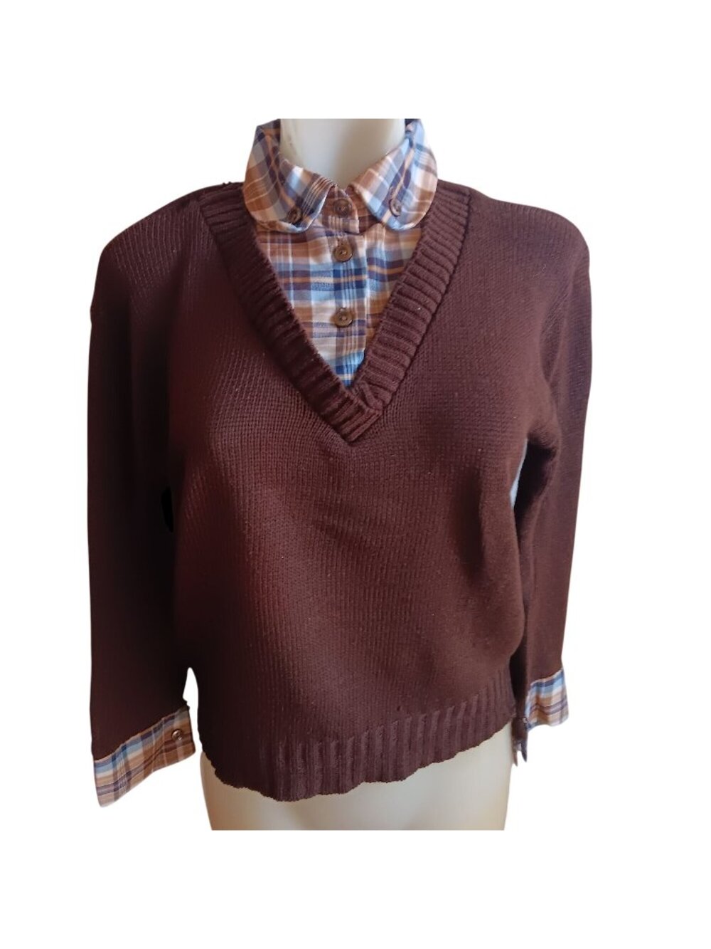 Librarian Hippy Vintage 70's Women's Medium V-Neck Sweater Brown Layered Look